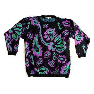 Vintage Paisley Goosebumps Black Purple Green Crew Neck Pullover Sweater - S/M
